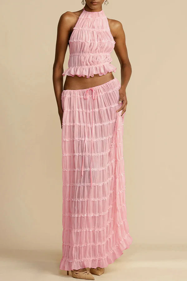 Afanen | Women's Pleated Drawstring Tiered Maxi Skirt