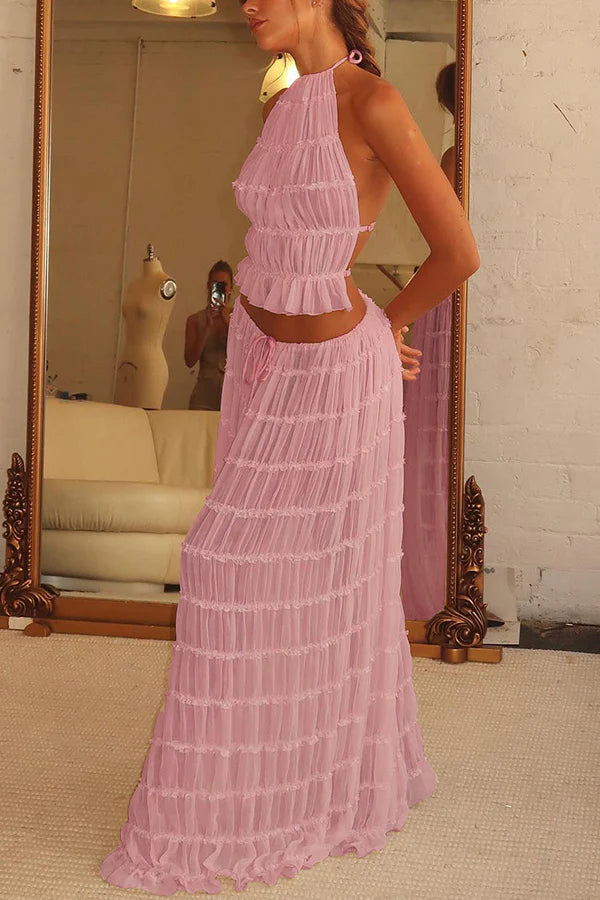 Afanen | Women's Pleated Drawstring Tiered Maxi Skirt