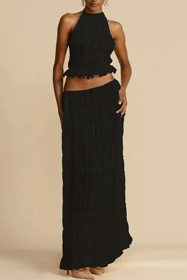 Afanen | Women's Pleated Drawstring Tiered Maxi Skirt