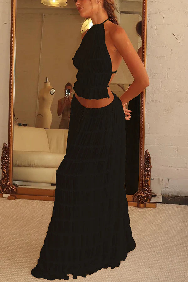 Afanen | Women's Pleated Drawstring Tiered Maxi Skirt