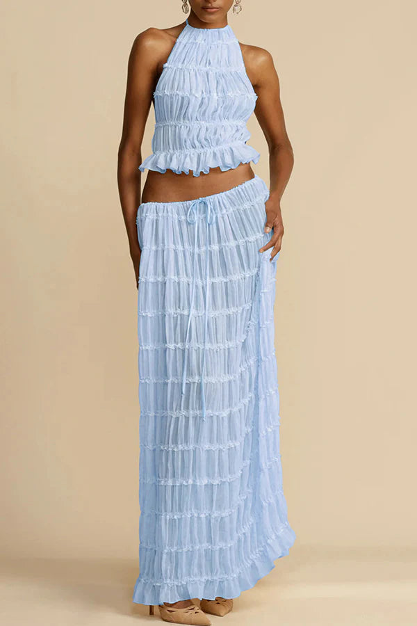 Afanen | Women's Pleated Drawstring Tiered Maxi Skirt