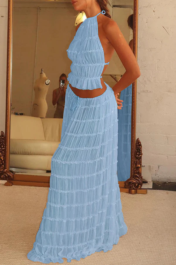 Afanen | Women's Pleated Drawstring Tiered Maxi Skirt