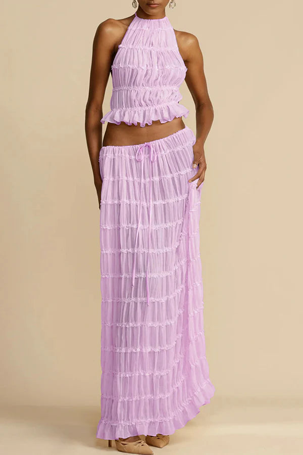 Afanen | Women's Pleated Drawstring Tiered Maxi Skirt