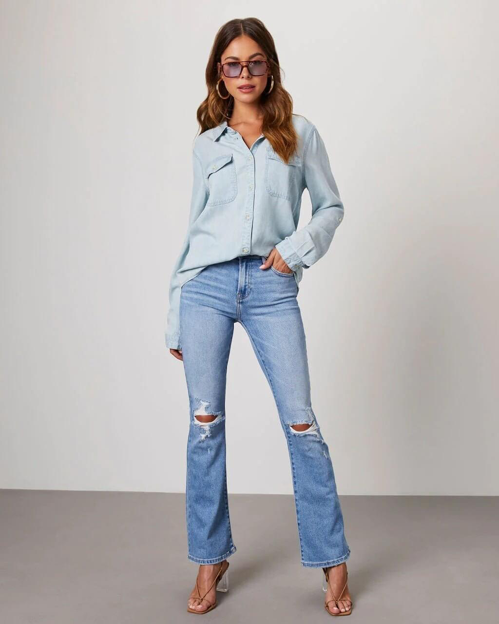 Ahna | Women's Turn Down Collar Long Sleeve Denim Shirt