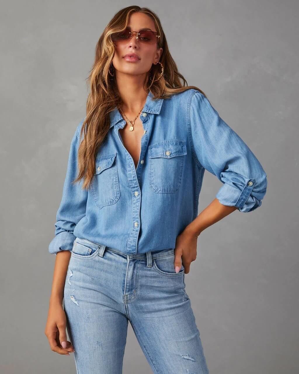 Ahna | Women's Turn Down Collar Long Sleeve Denim Shirt