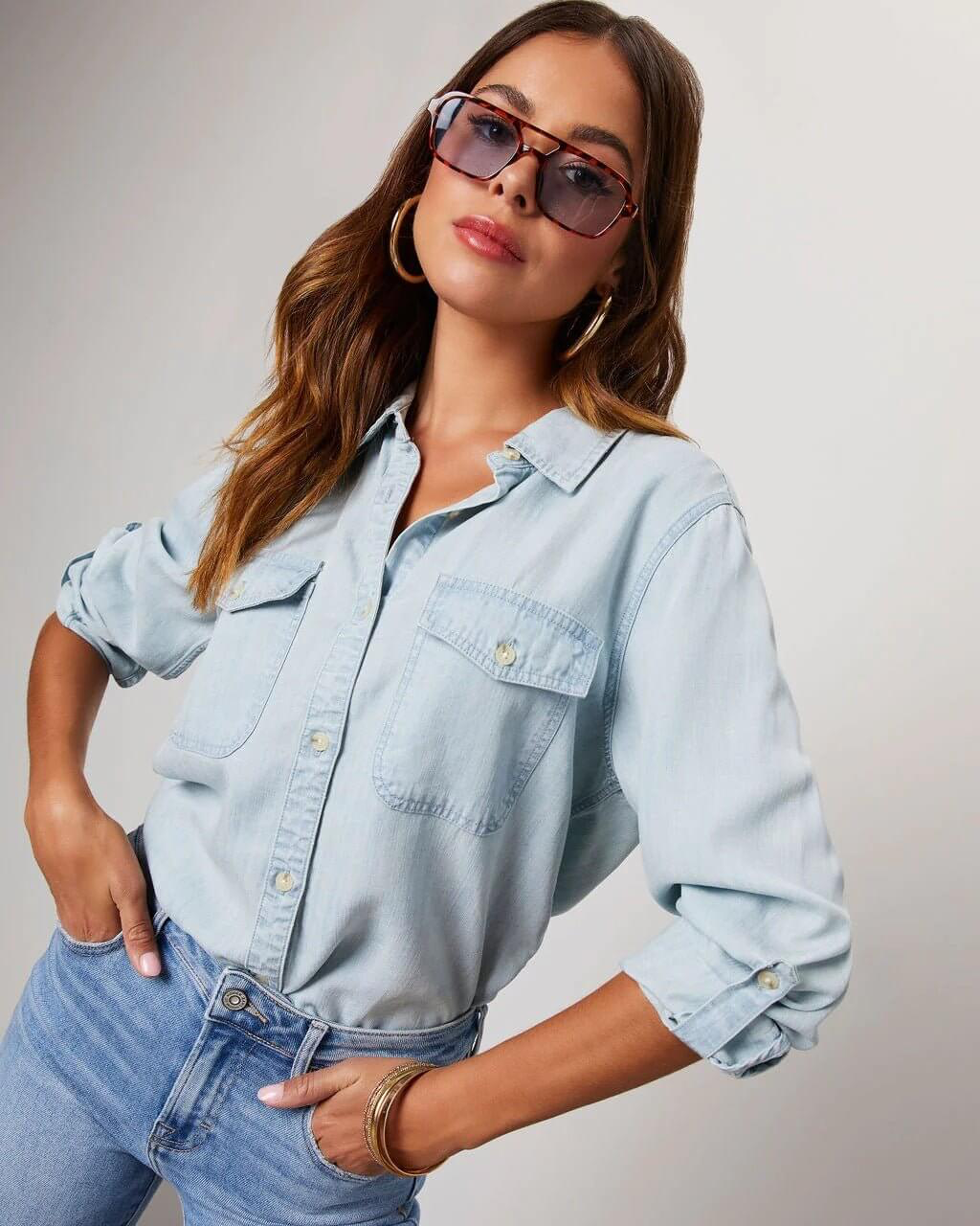 Ahna | Women's Turn Down Collar Long Sleeve Denim Shirt