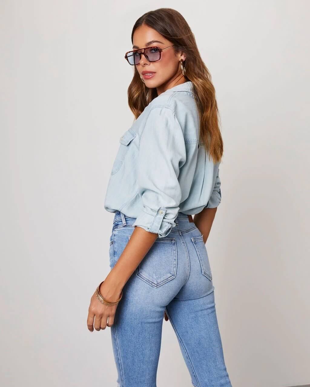 Ahna | Women's Turn Down Collar Long Sleeve Denim Shirt