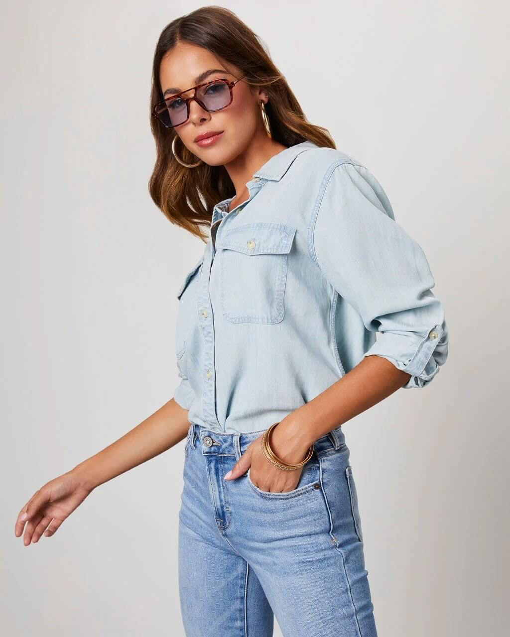 Ahna | Women's Turn Down Collar Long Sleeve Denim Shirt