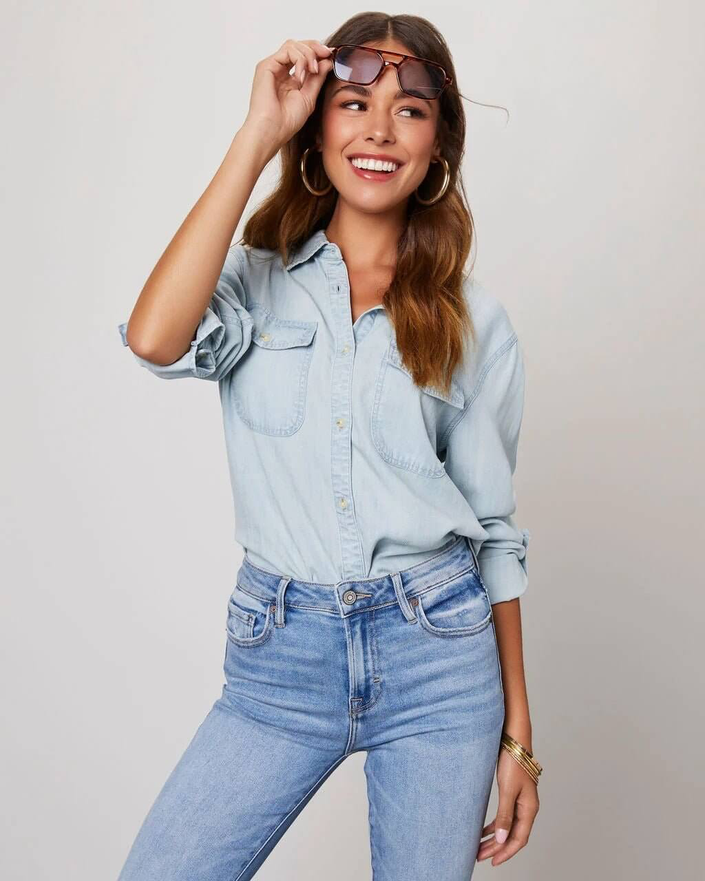 Ahna | Women's Turn Down Collar Long Sleeve Denim Shirt