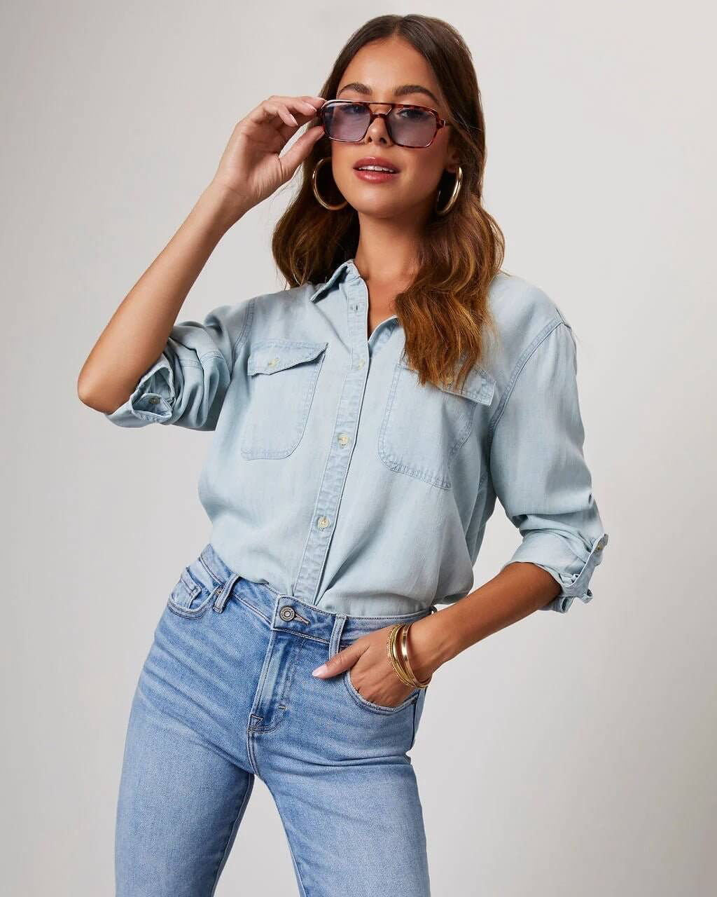 Ahna | Women's Turn Down Collar Long Sleeve Denim Shirt