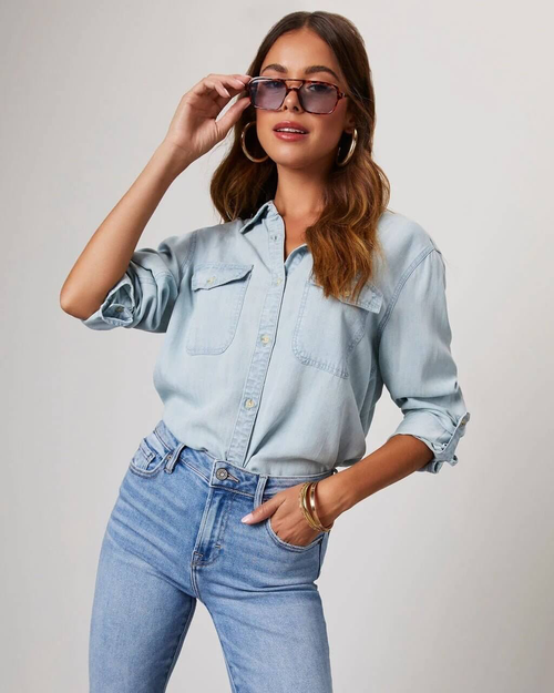 Ahna | Women's Turn Down Collar Long Sleeve Denim Shirt
