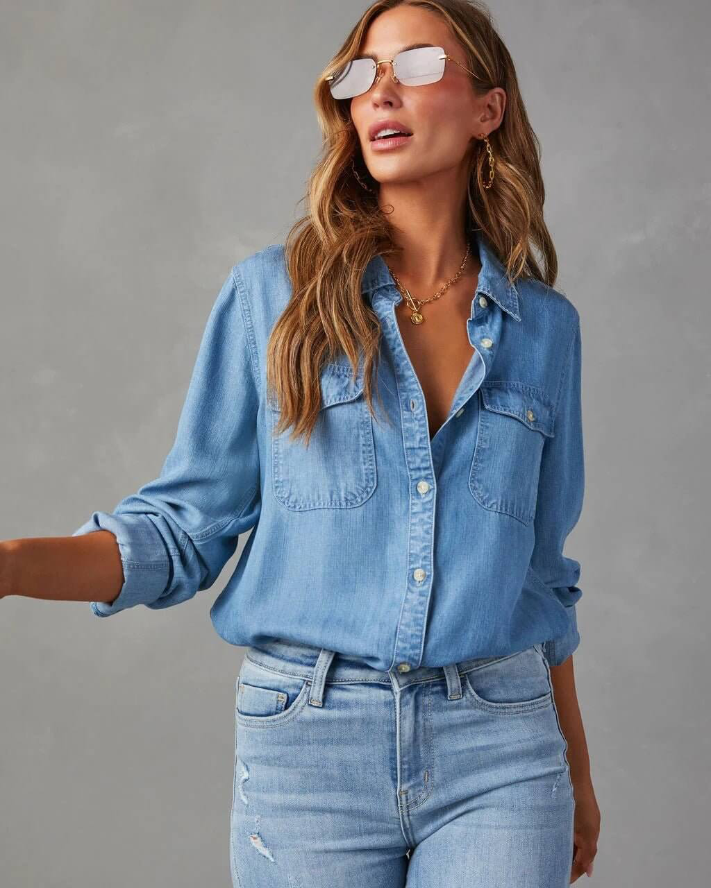 Ahna | Women's Turn Down Collar Long Sleeve Denim Shirt