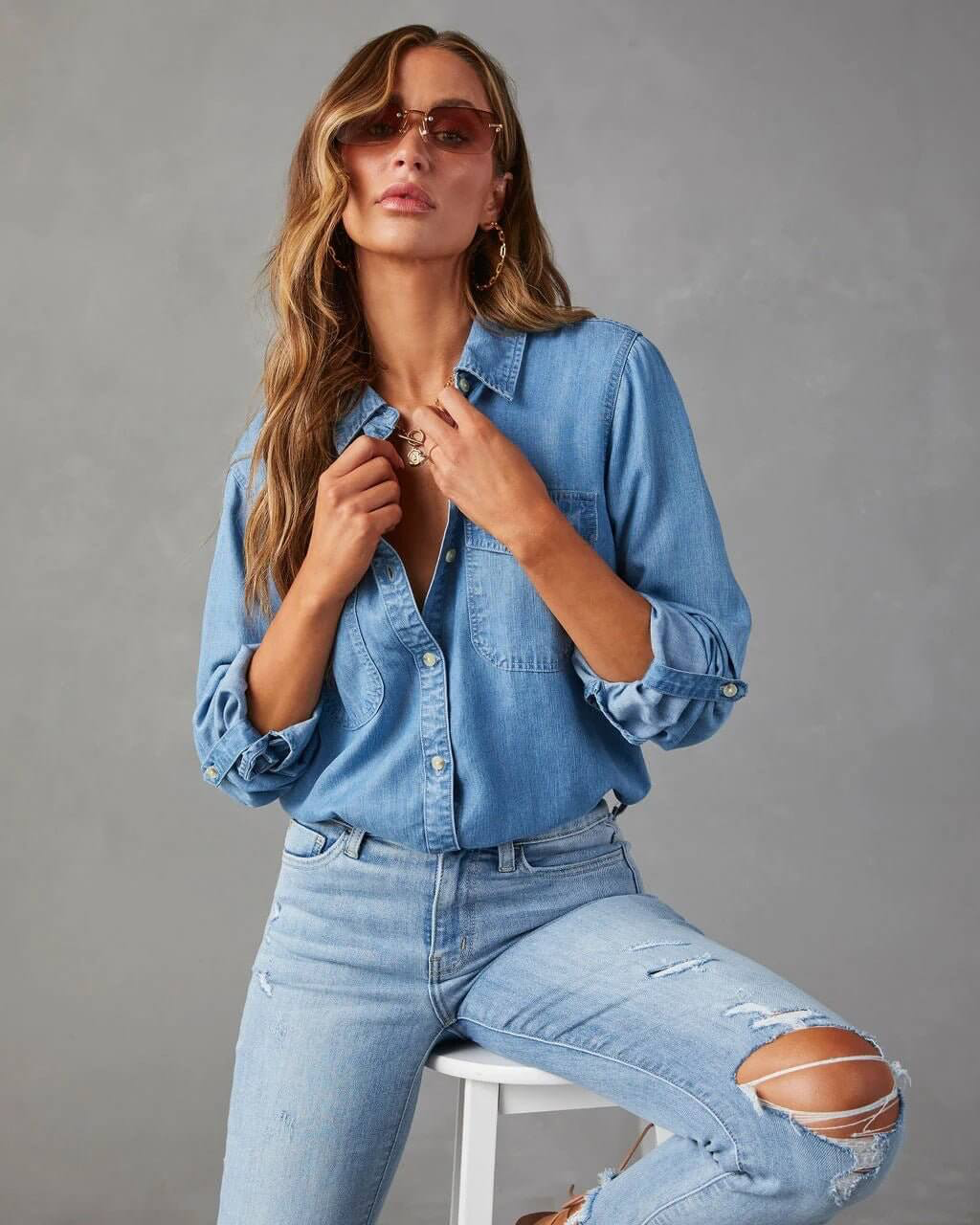 Ahna | Women's Turn Down Collar Long Sleeve Denim Shirt