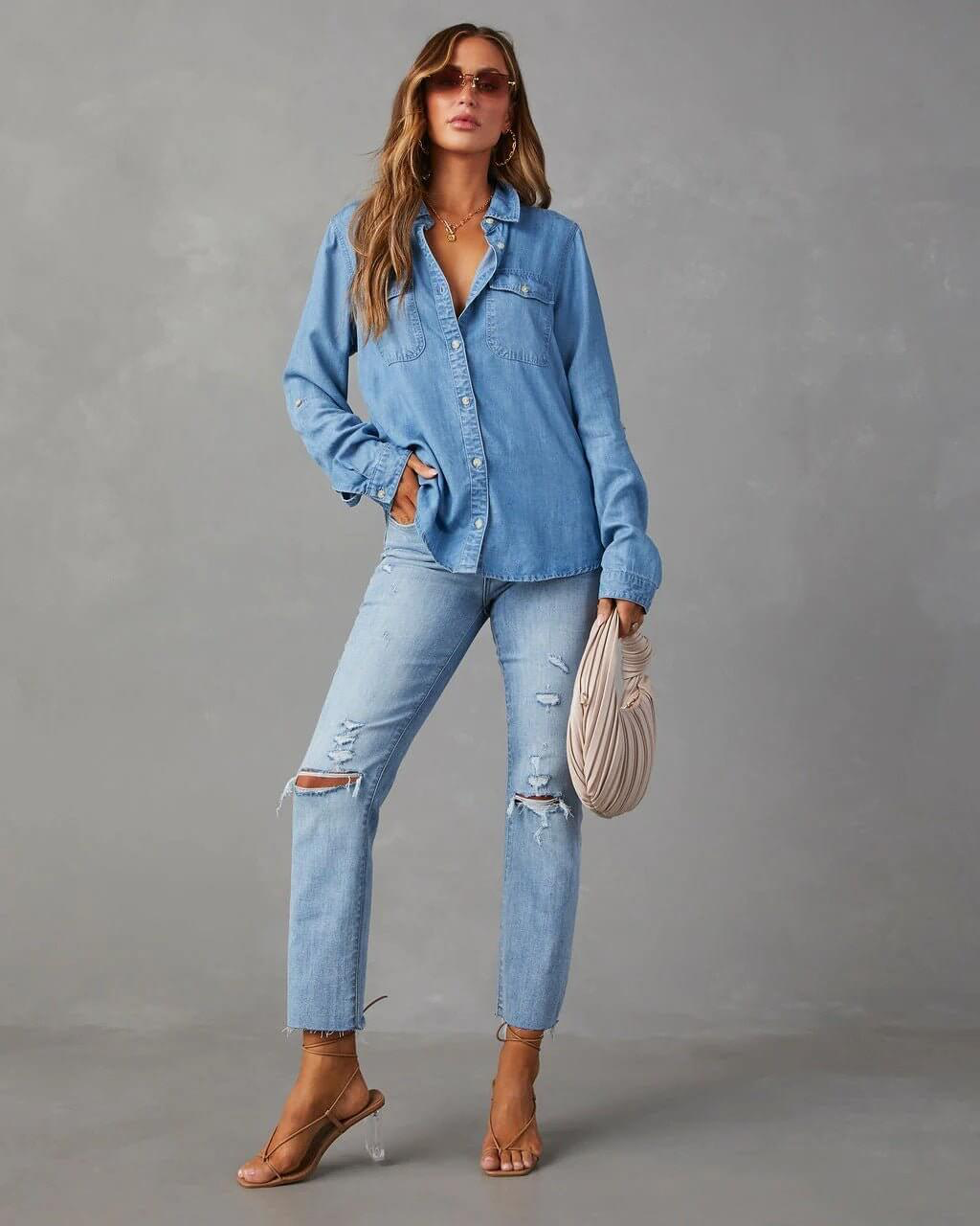 Ahna | Women's Turn Down Collar Long Sleeve Denim Shirt