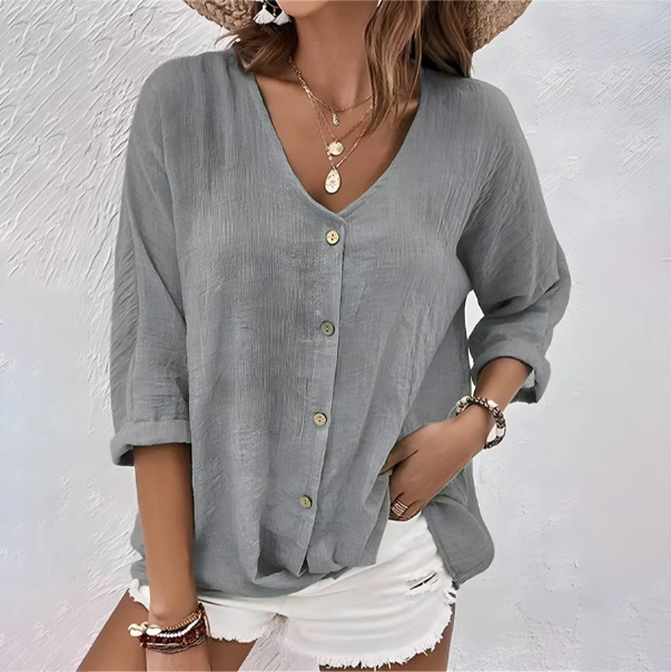 Aida | Women’s Button Front V Neck Rolled Sleeve Blouse