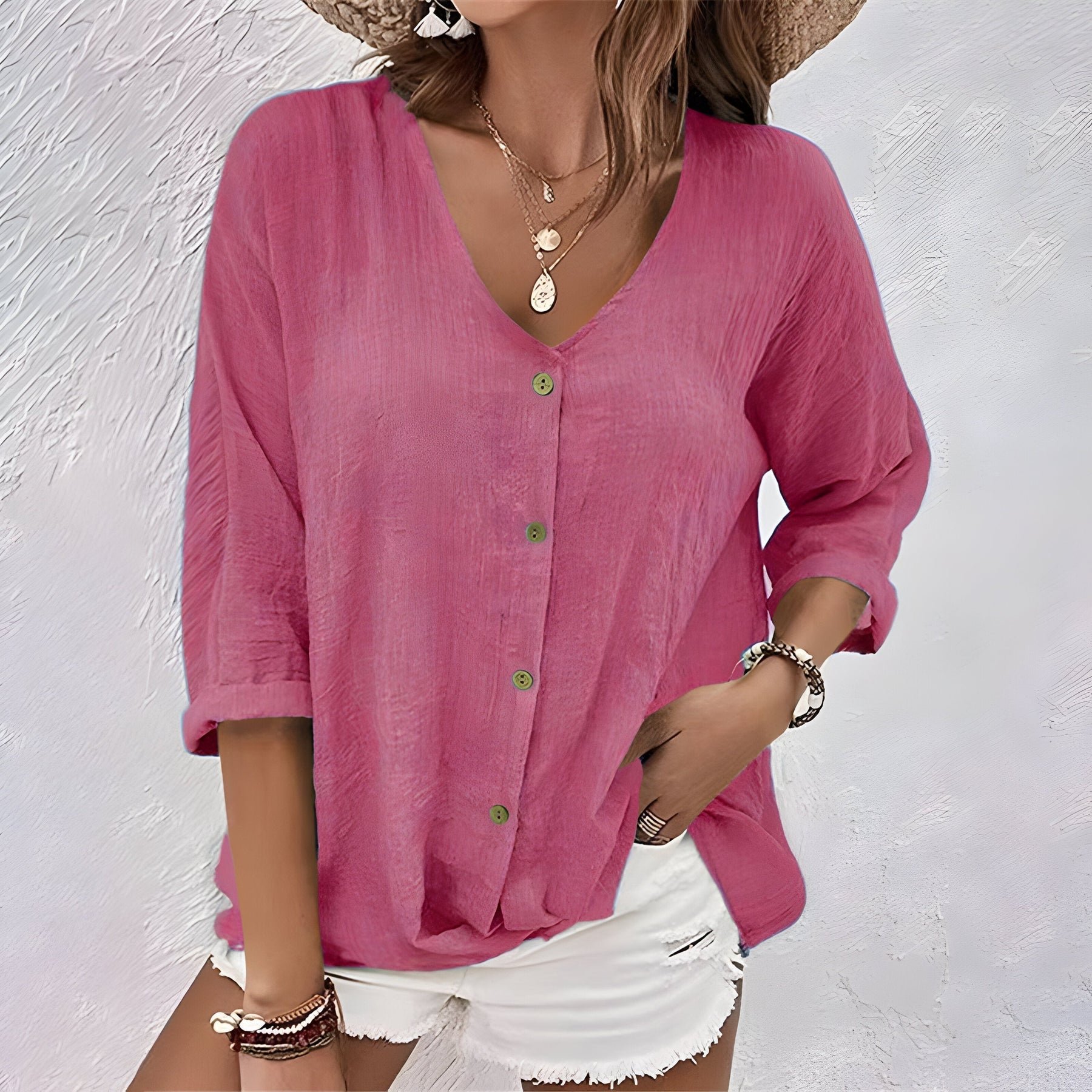 Aida | Women’s Button Front V Neck Rolled Sleeve Blouse