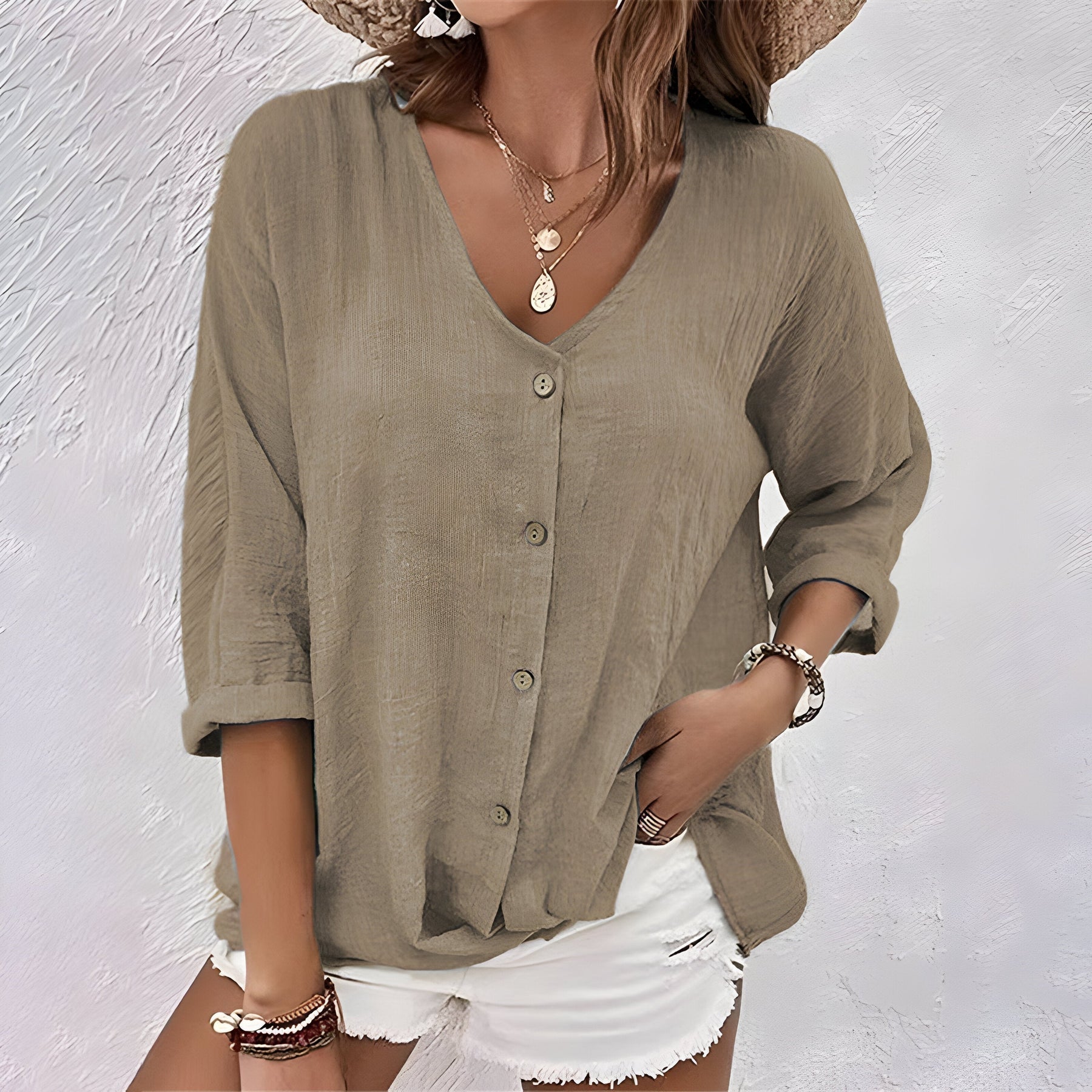 Aida | Women’s Button Front V Neck Rolled Sleeve Blouse