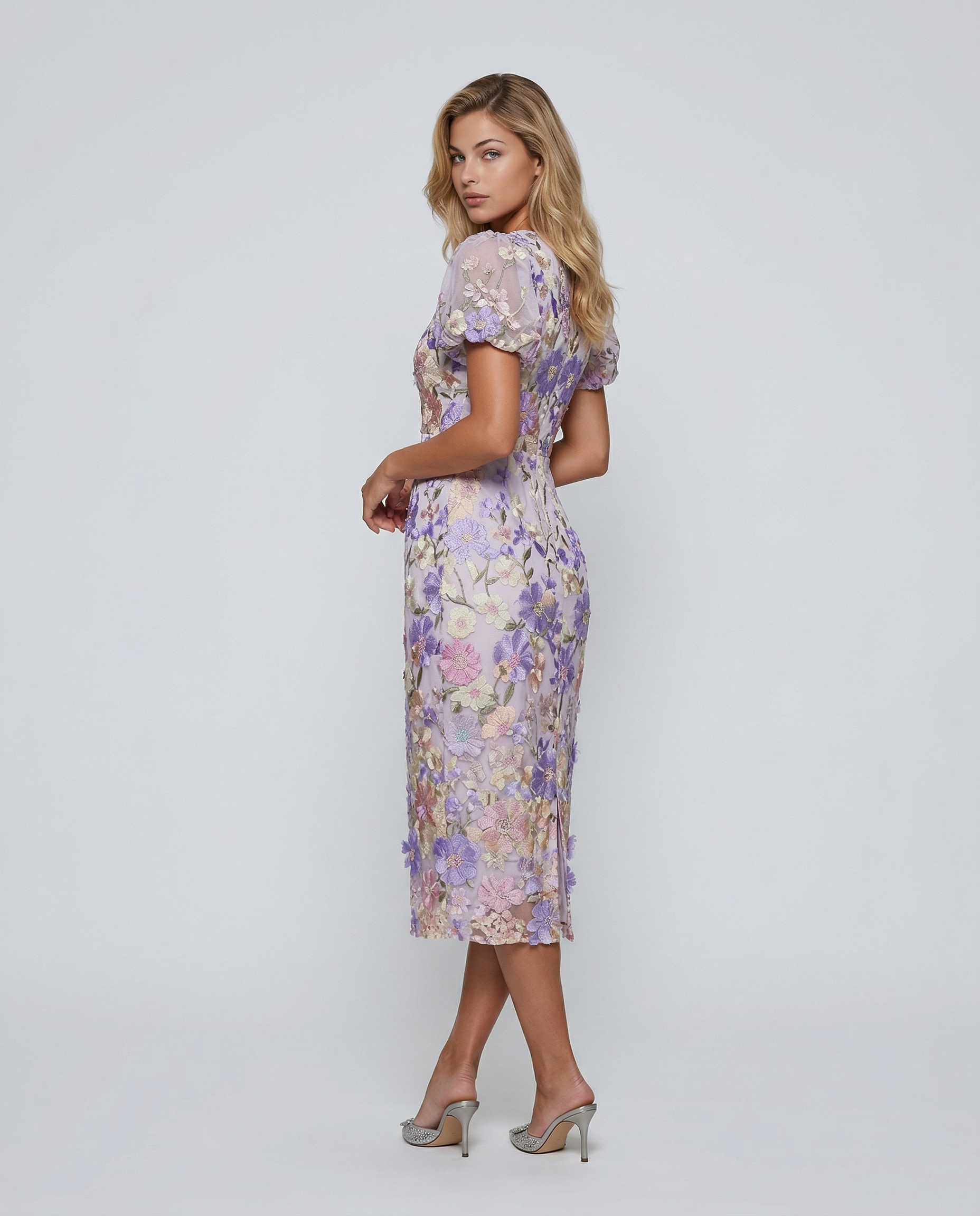 Ainsleigh | Women's Puff Sleeve Floral V Neck Flowy Midi Dress
