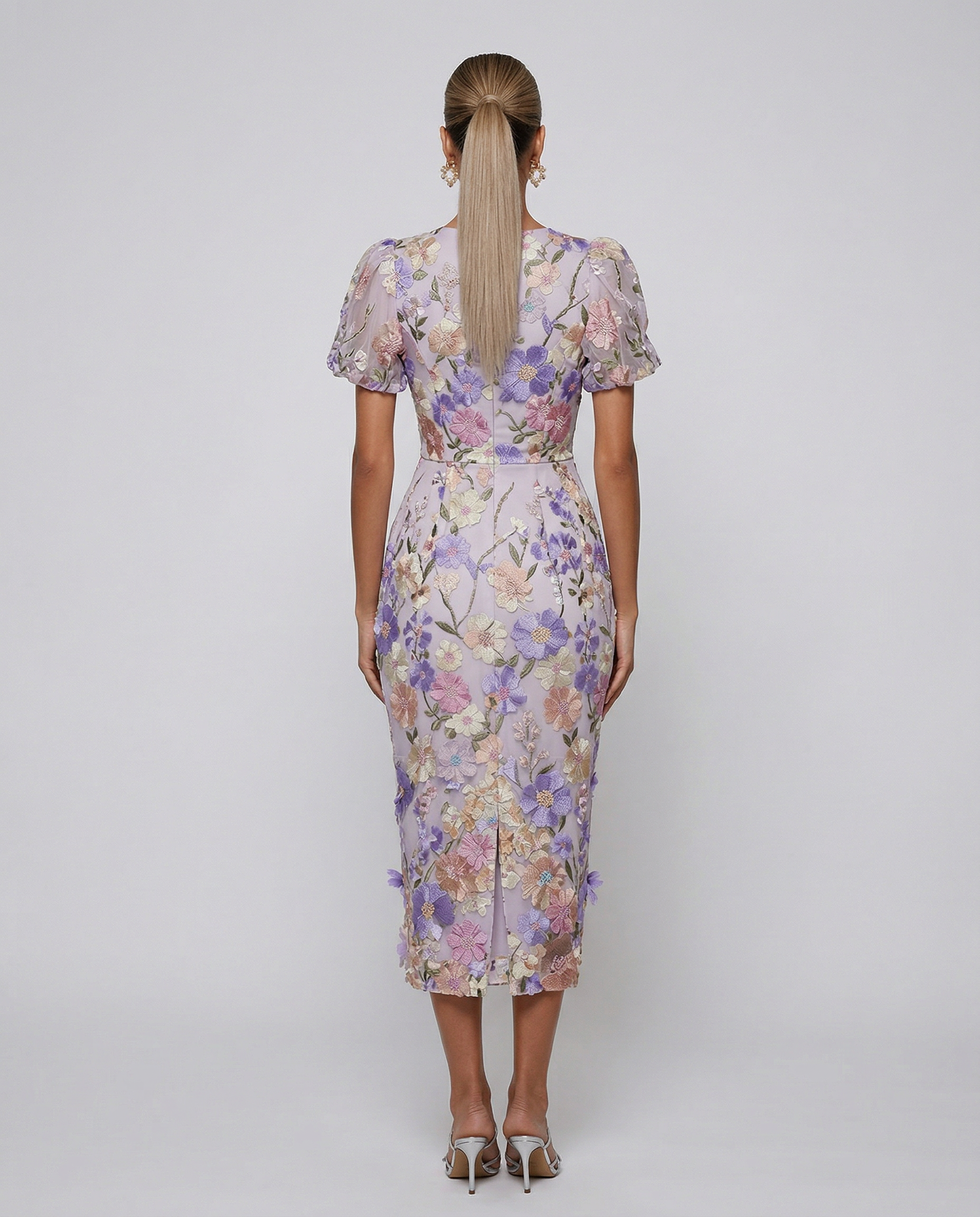 Ainsleigh | Women's Puff Sleeve Floral V Neck Flowy Midi Dress
