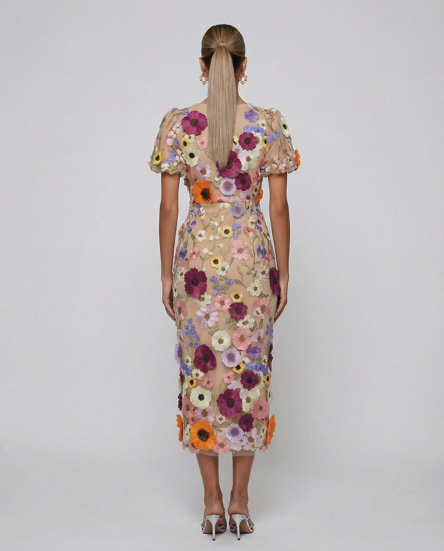 Ainsleigh | Women's Puff Sleeve Floral V Neck Flowy Midi Dress