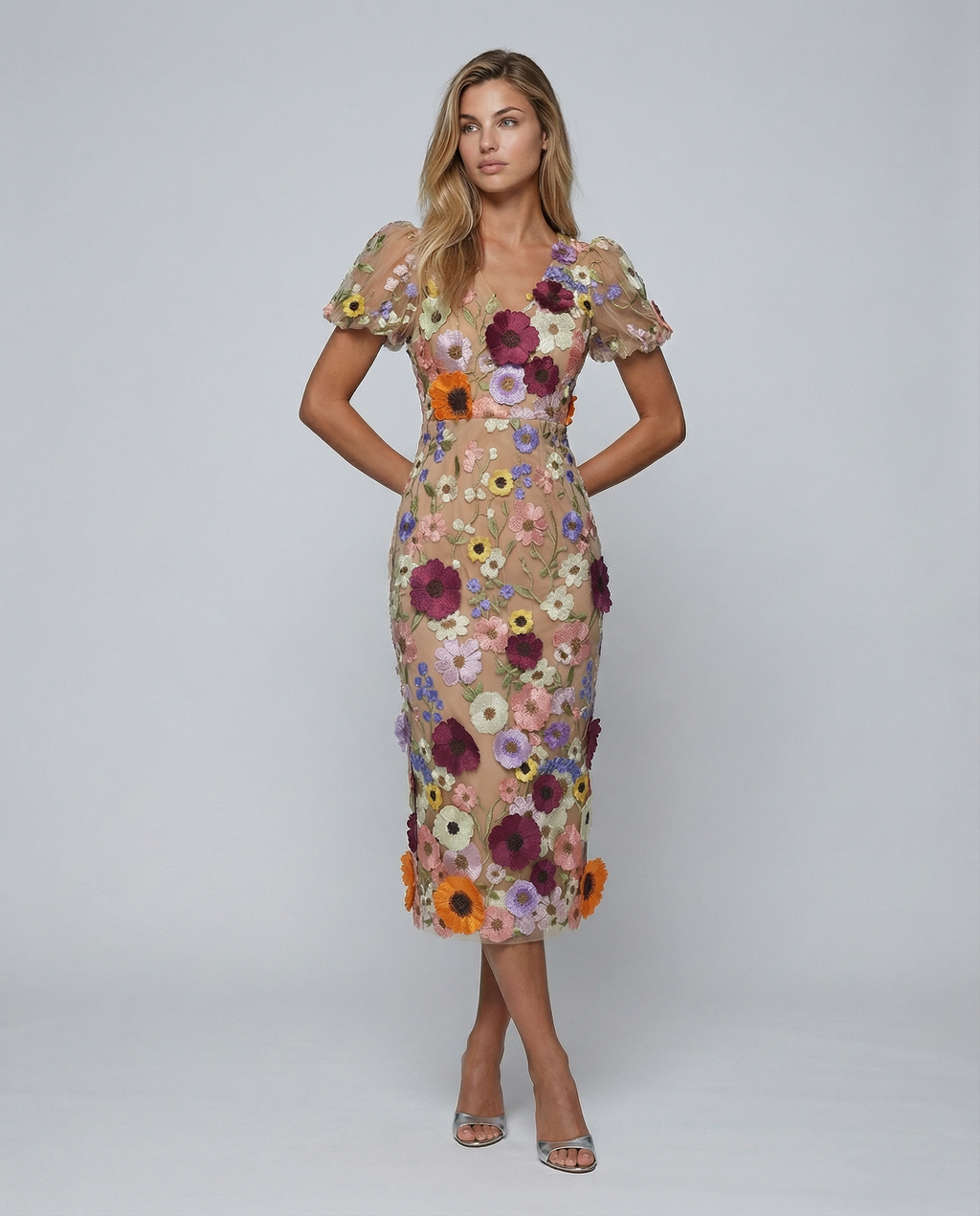 Ainsleigh | Women's Puff Sleeve Floral V Neck Flowy Midi Dress