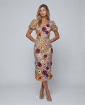 Ainsleigh | Women's Puff Sleeve Floral V Neck Flowy Midi Dress