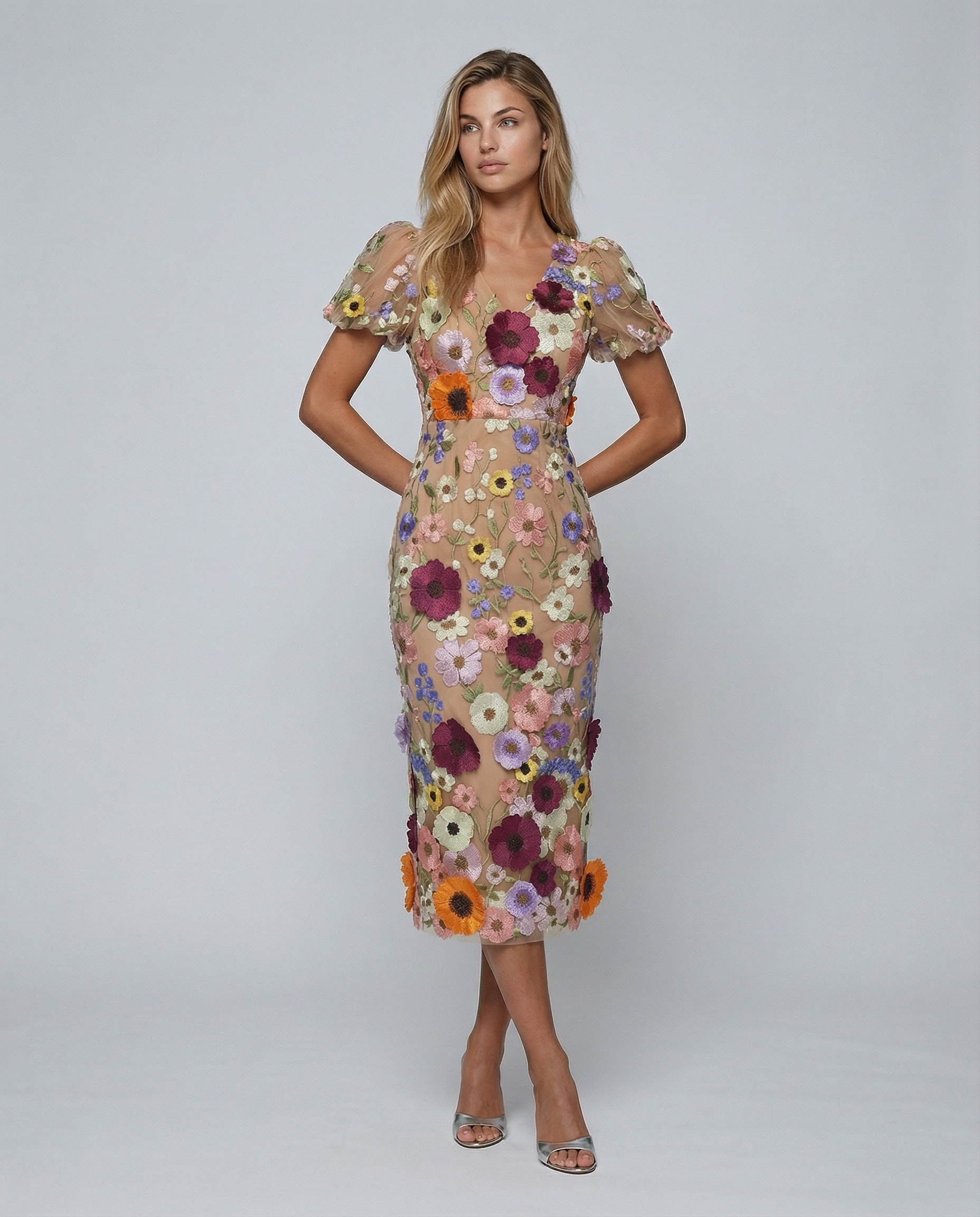 Ainsleigh | Women's Puff Sleeve Floral V Neck Flowy Midi Dress