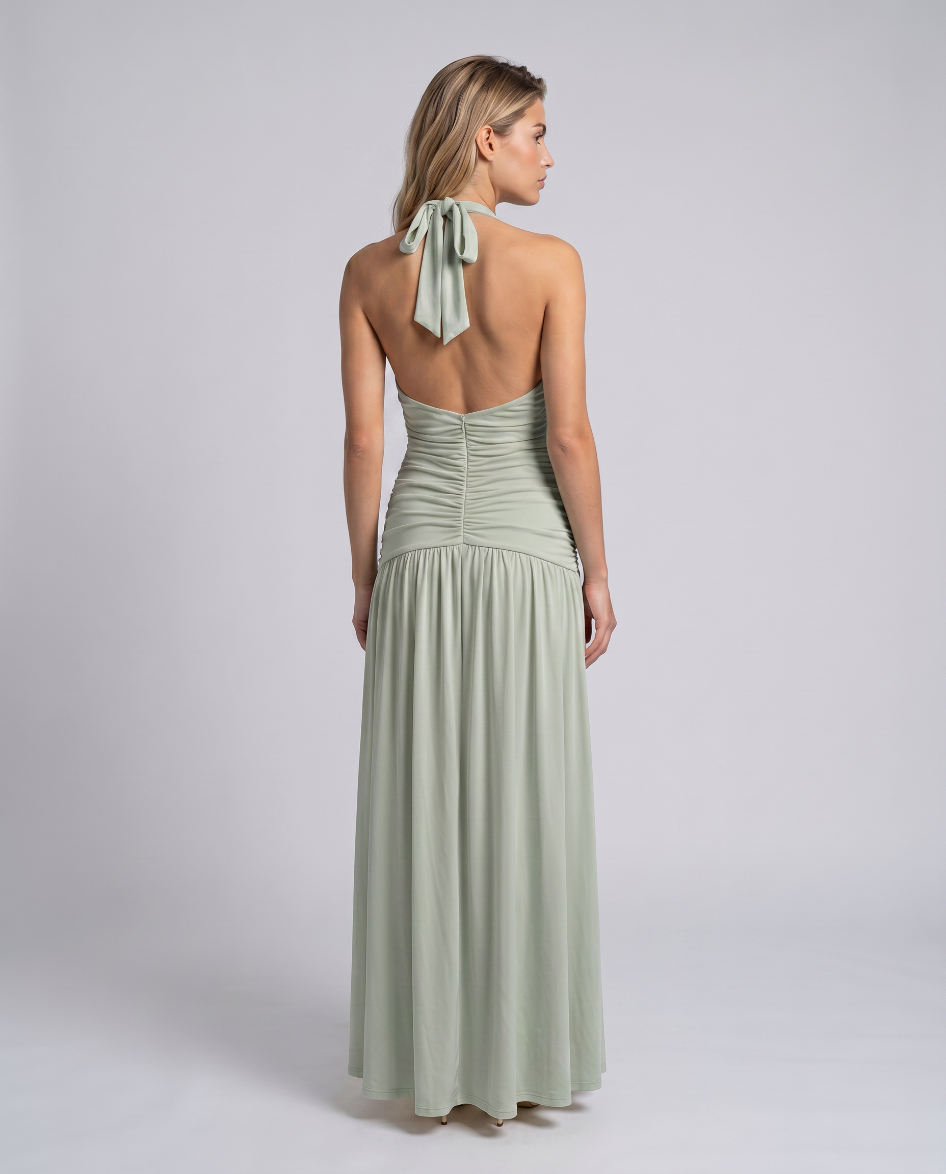 Airlea | Women's Slit Skirt Halter V Neck Ruched Maxi Dress