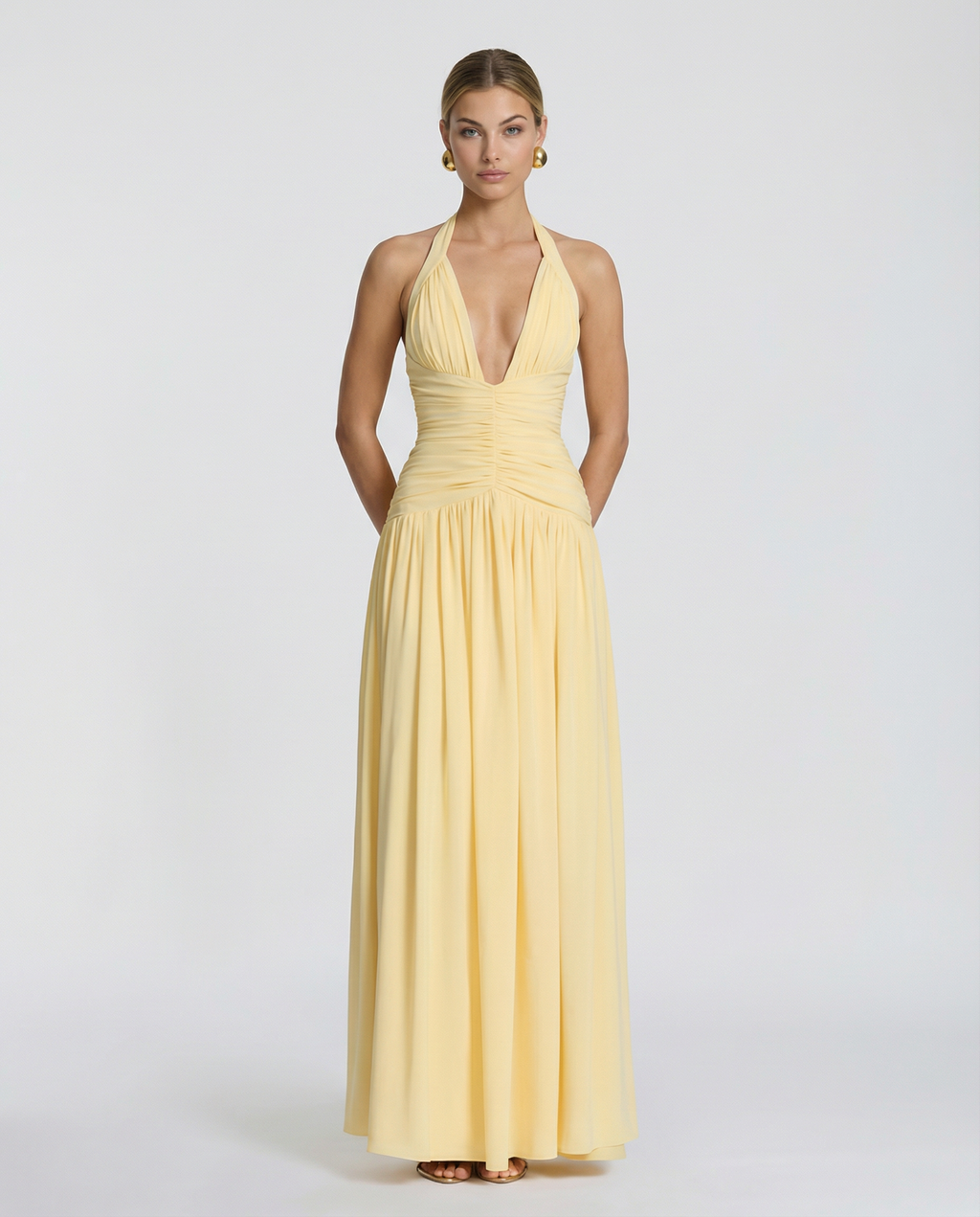 Airlea | Women's Slit Skirt Halter V Neck Ruched Maxi Dress