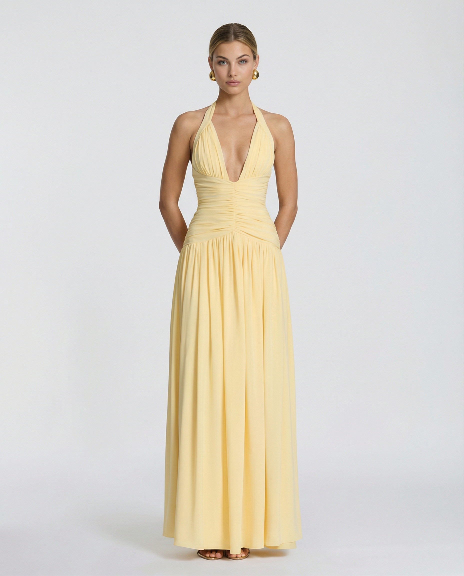 Airlea | Women's Slit Skirt Halter V Neck Ruched Maxi Dress