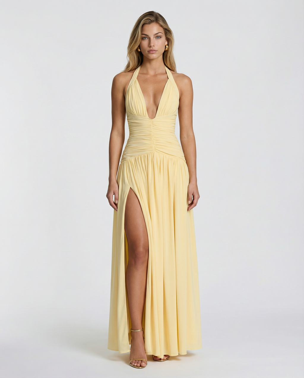 Airlea | Women's Slit Skirt Halter V Neck Ruched Maxi Dress