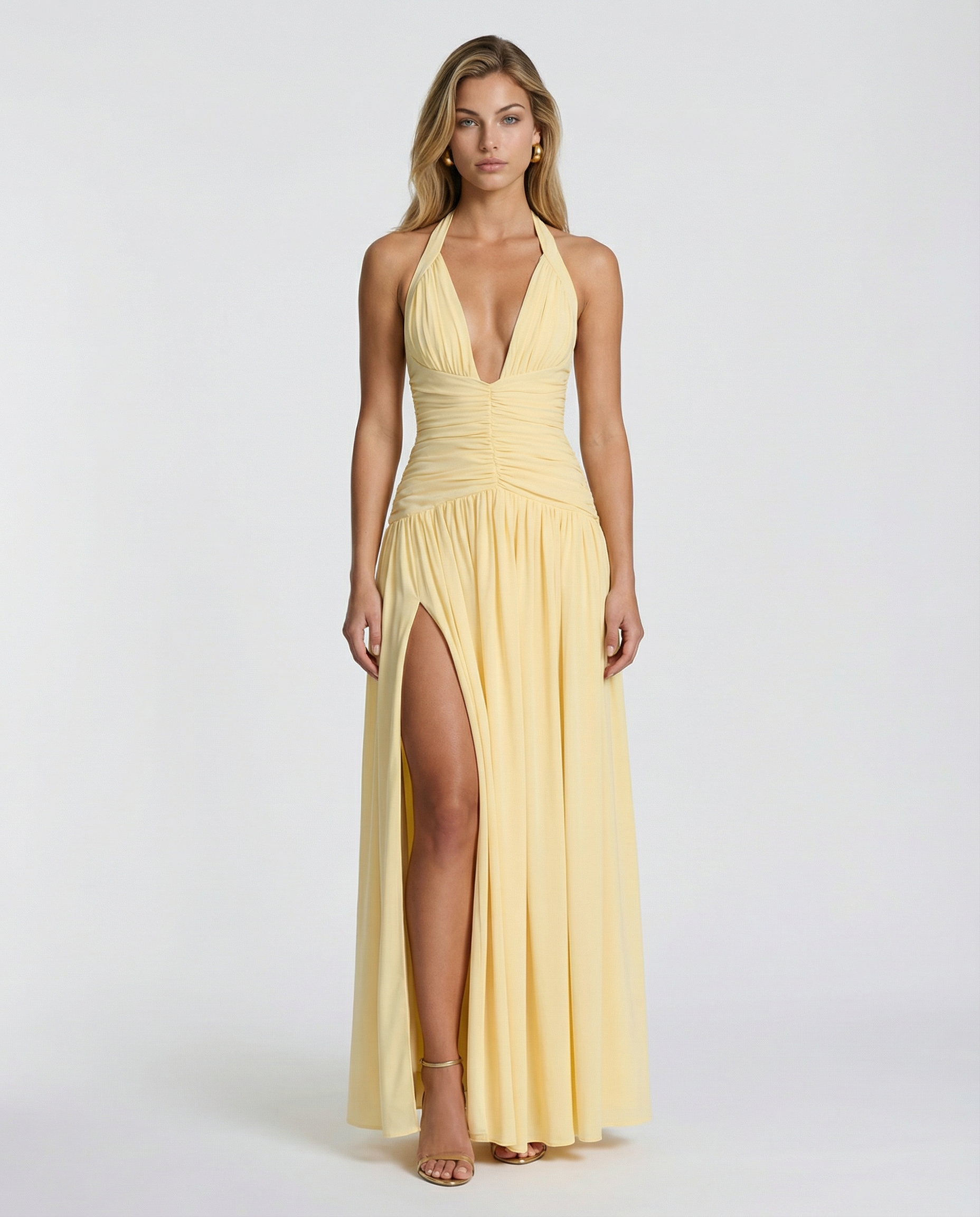 Airlea | Women's Slit Skirt Halter V Neck Ruched Maxi Dress