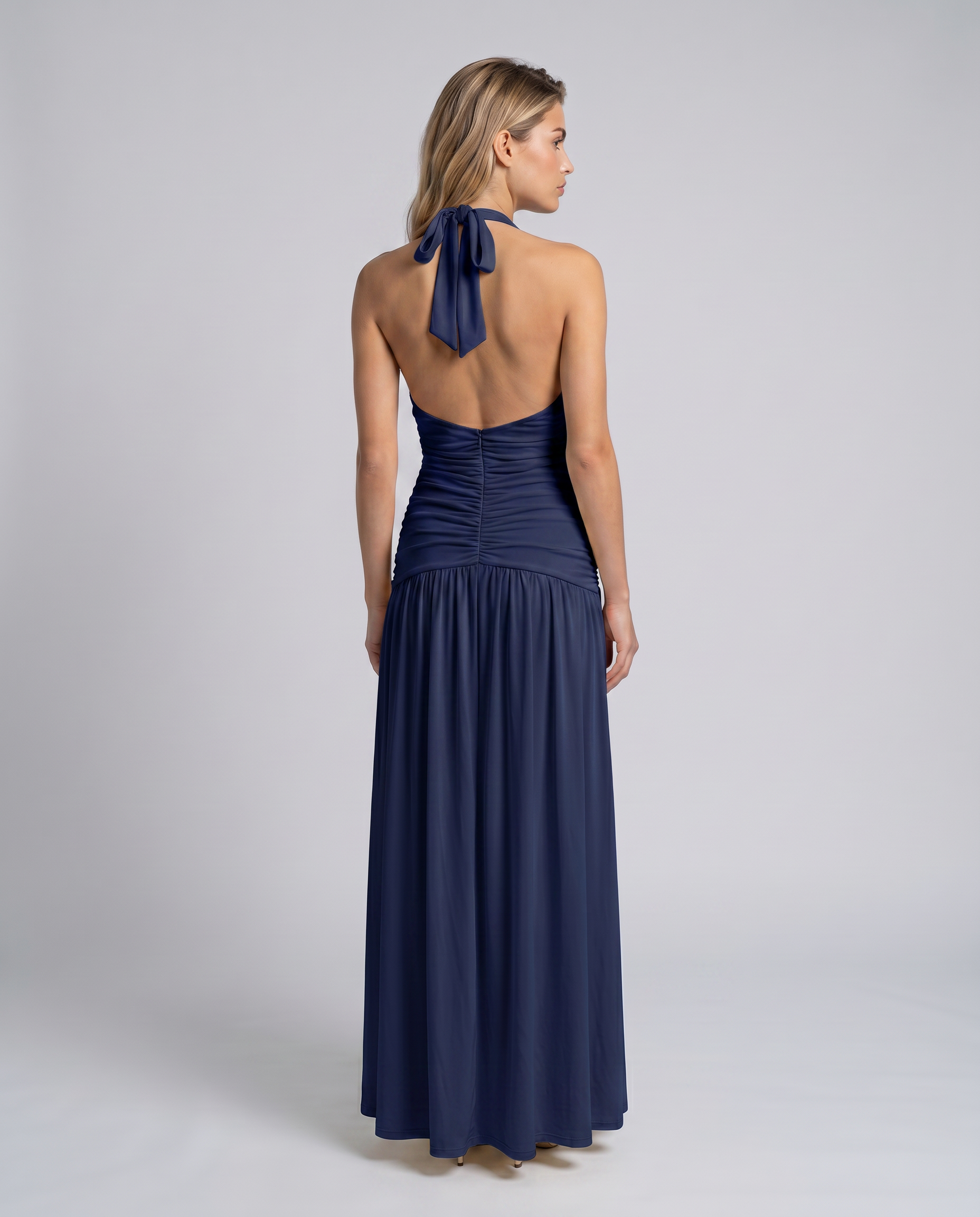 Airlea | Women's Slit Skirt Halter V Neck Ruched Maxi Dress