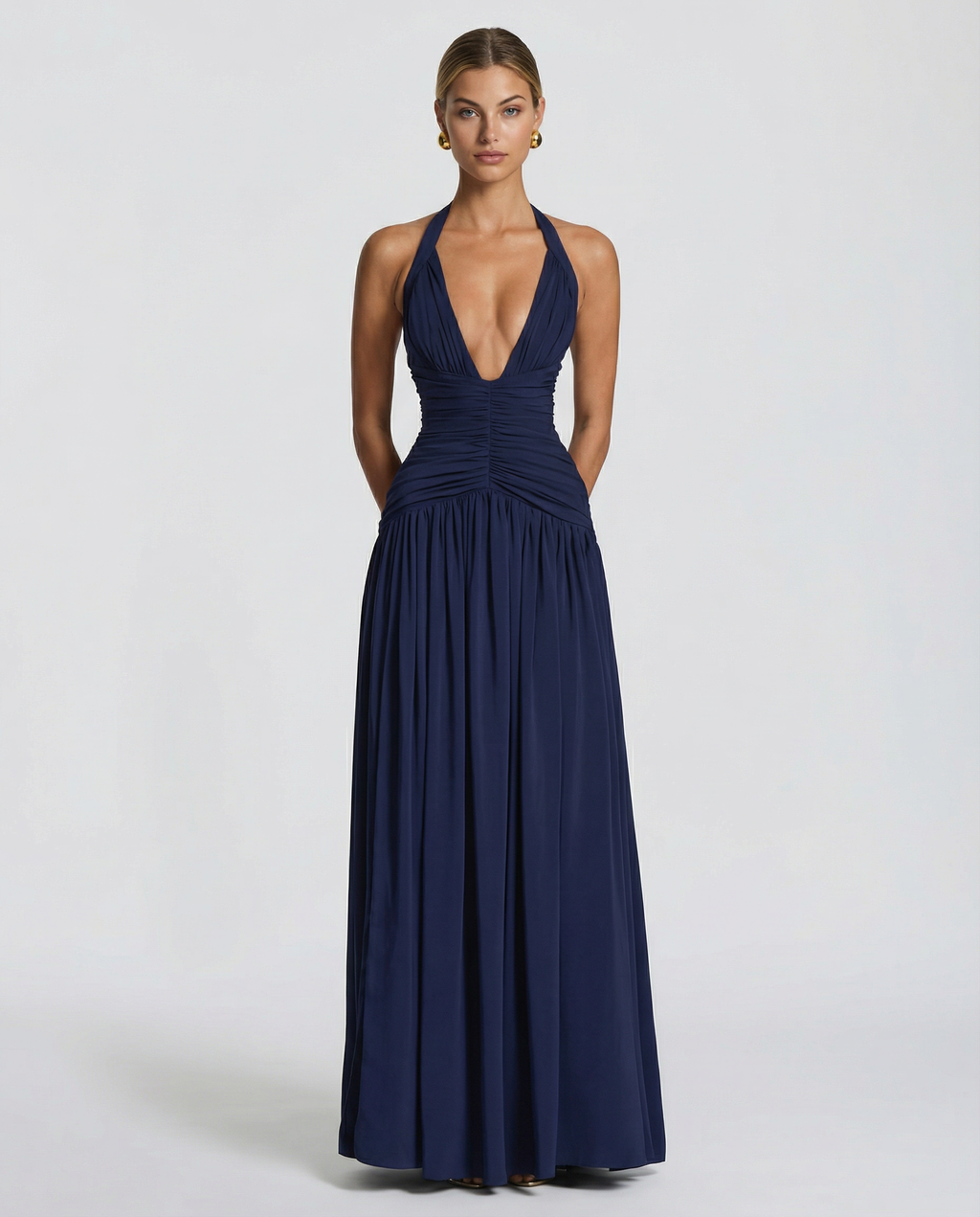 Airlea | Women's Slit Skirt Halter V Neck Ruched Maxi Dress