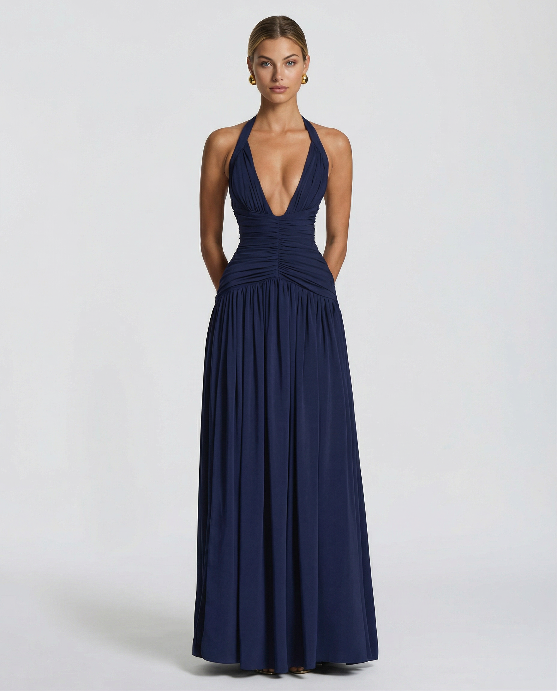 Airlea | Women's Slit Skirt Halter V Neck Ruched Maxi Dress
