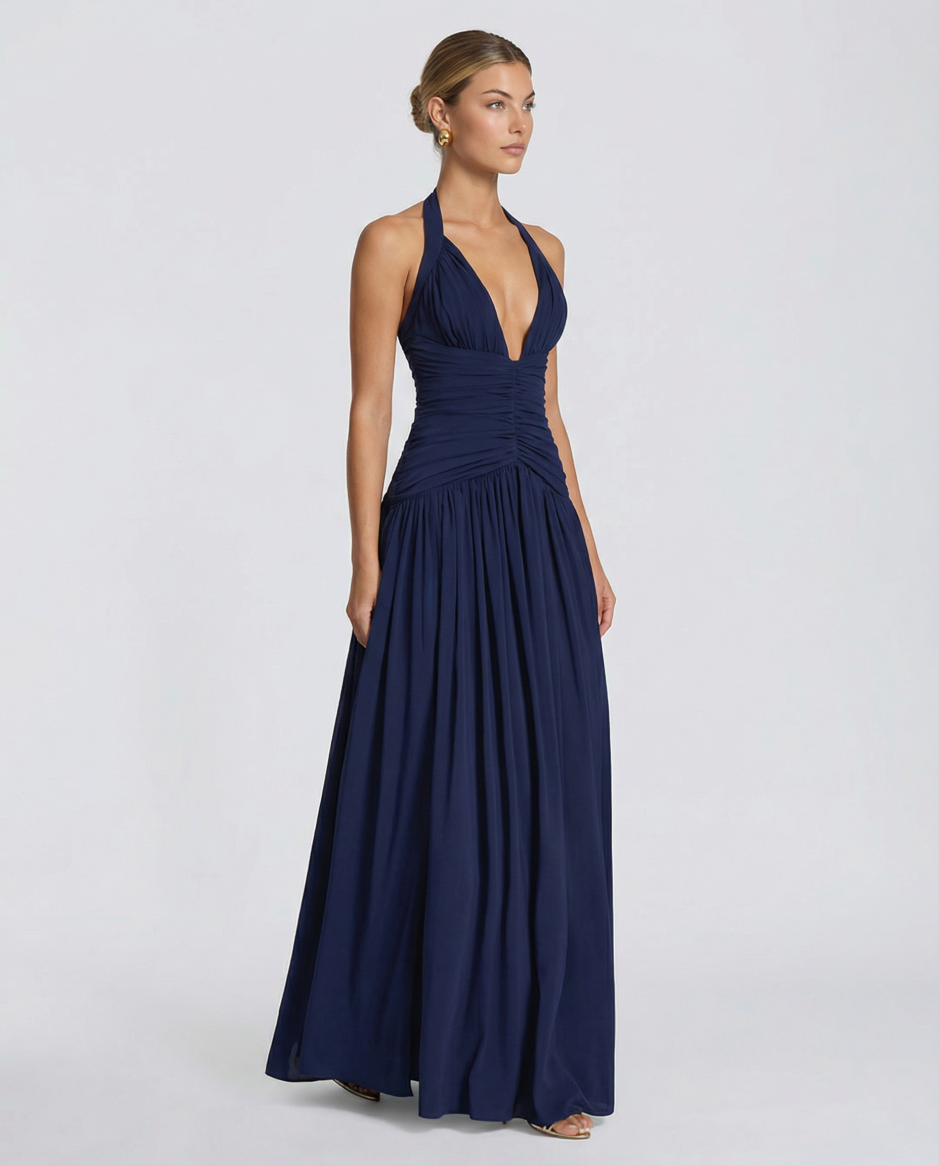 Airlea | Women's Slit Skirt Halter V Neck Ruched Maxi Dress