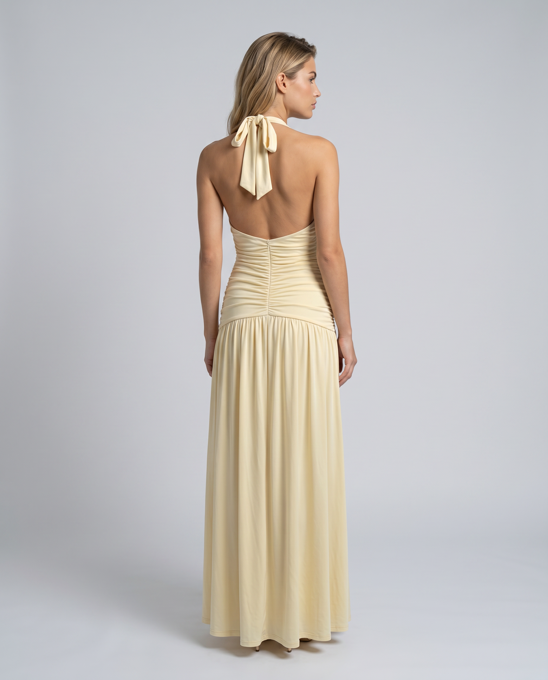 Airlea | Women's Slit Skirt Halter V Neck Ruched Maxi Dress