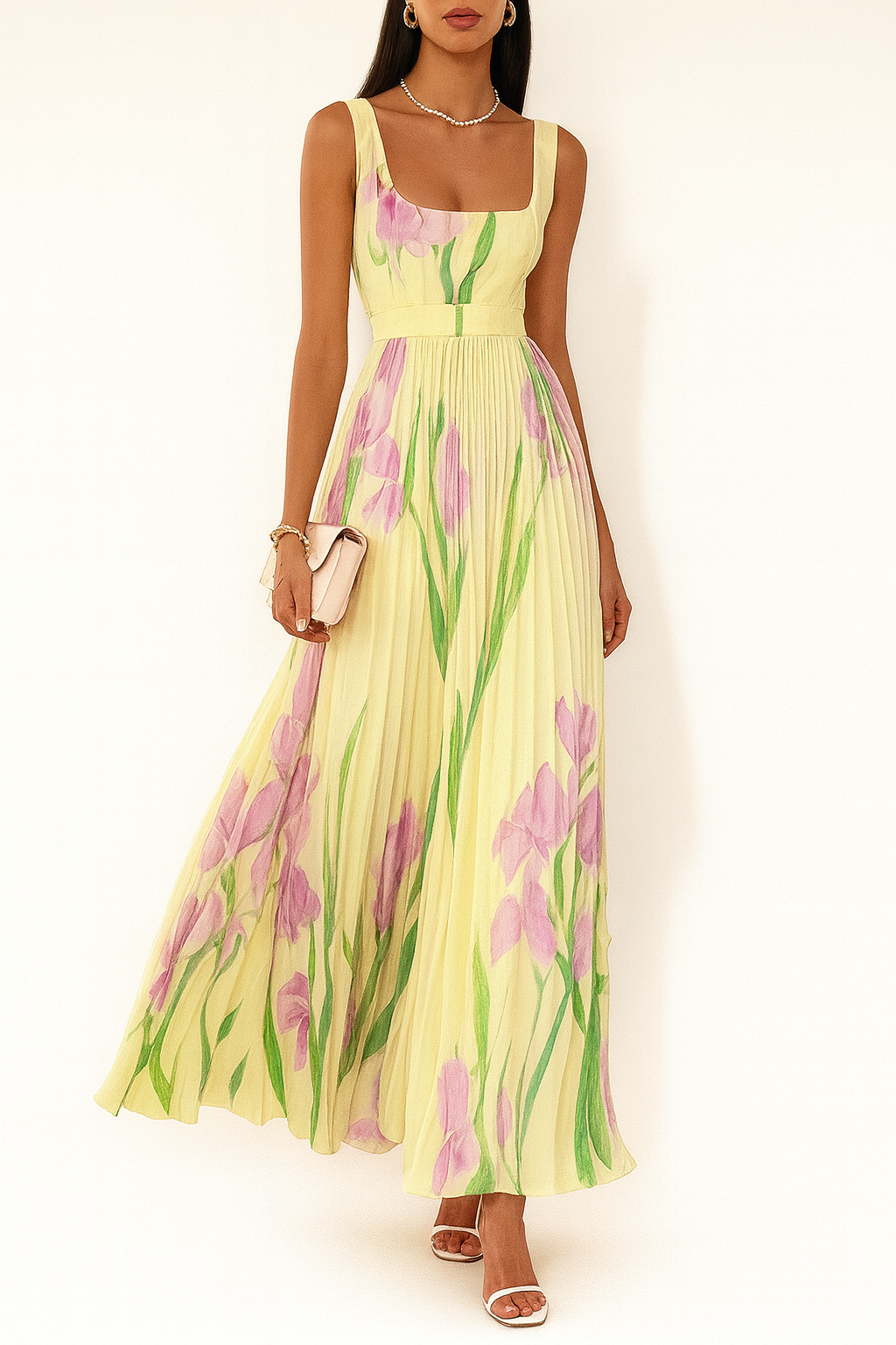 Akeelah | Women's Pleated Square Neck Sleeveless Maxi Dress