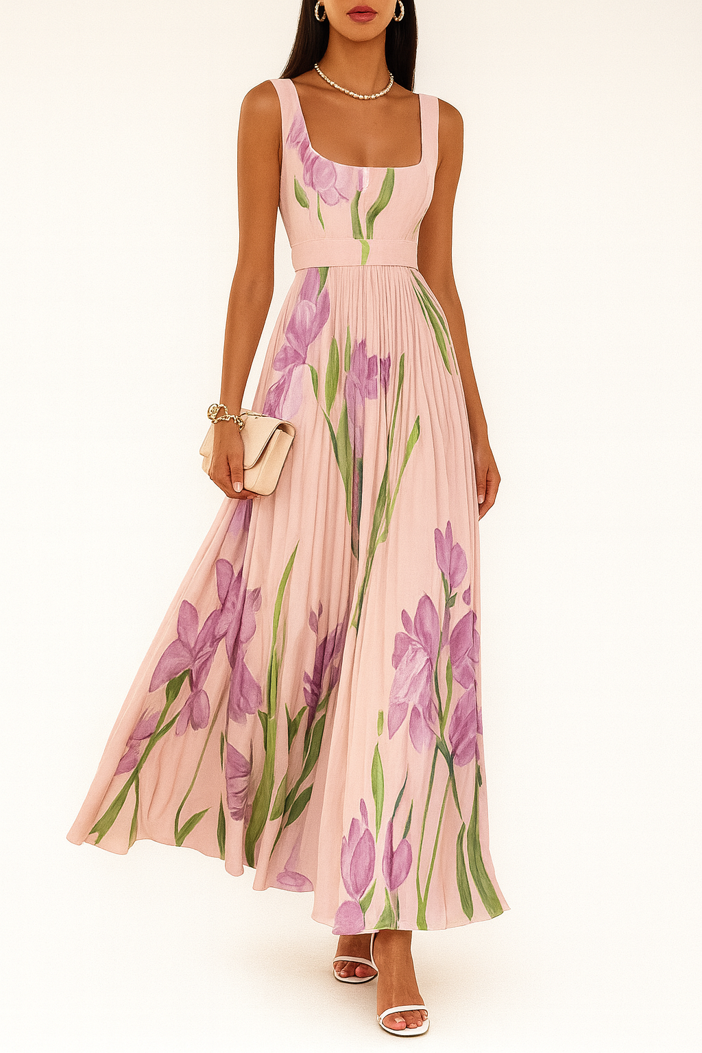 Akeelah | Women's Pleated Square Neck Sleeveless Maxi Dress