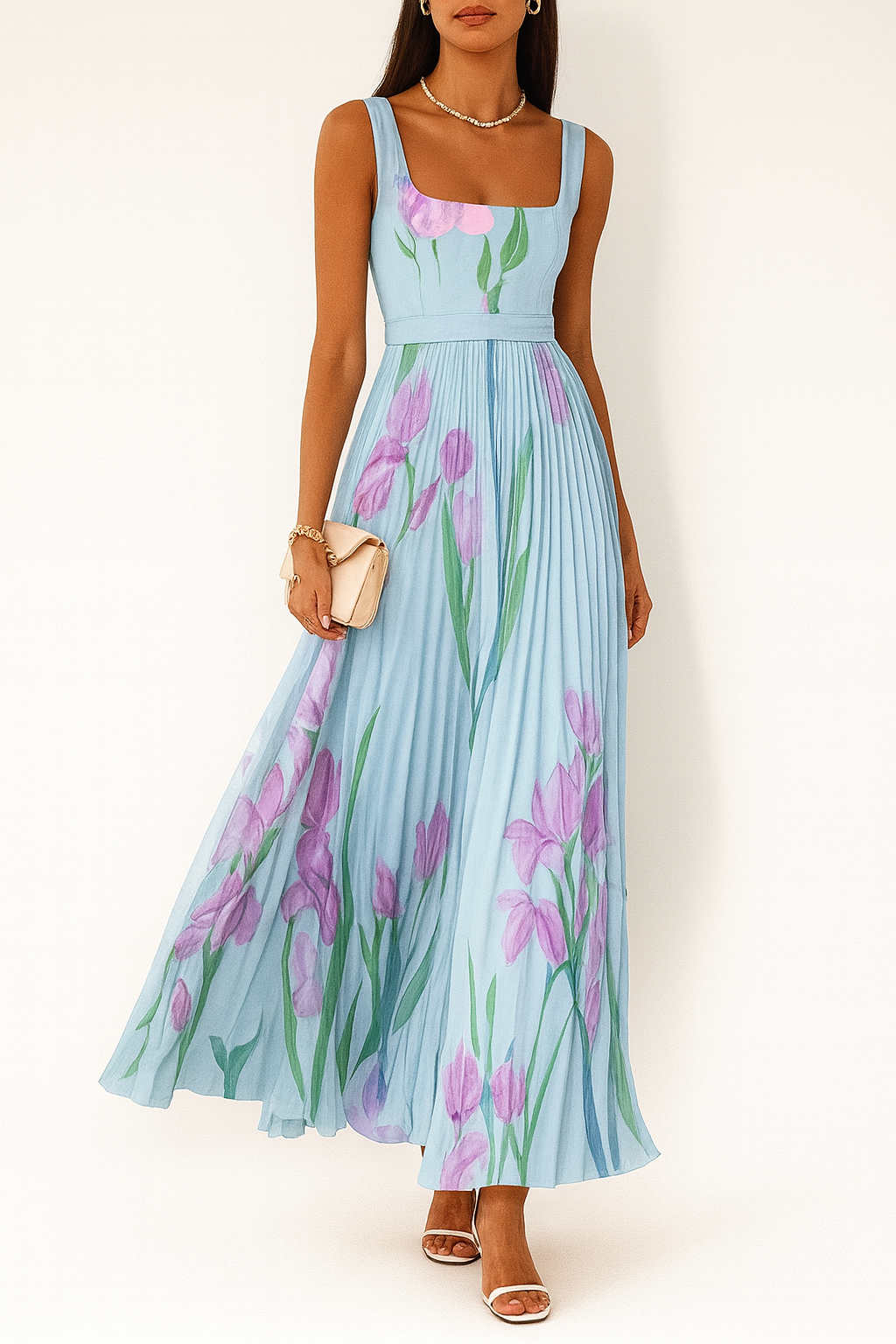 Akeelah | Women's Pleated Square Neck Sleeveless Maxi Dress