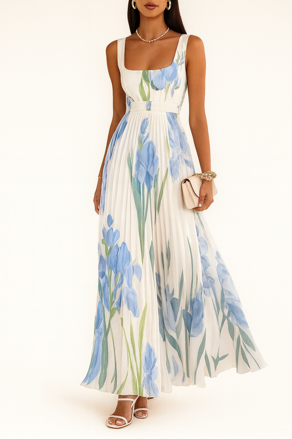 Akeelah | Women's Pleated Square Neck Sleeveless Maxi Dress