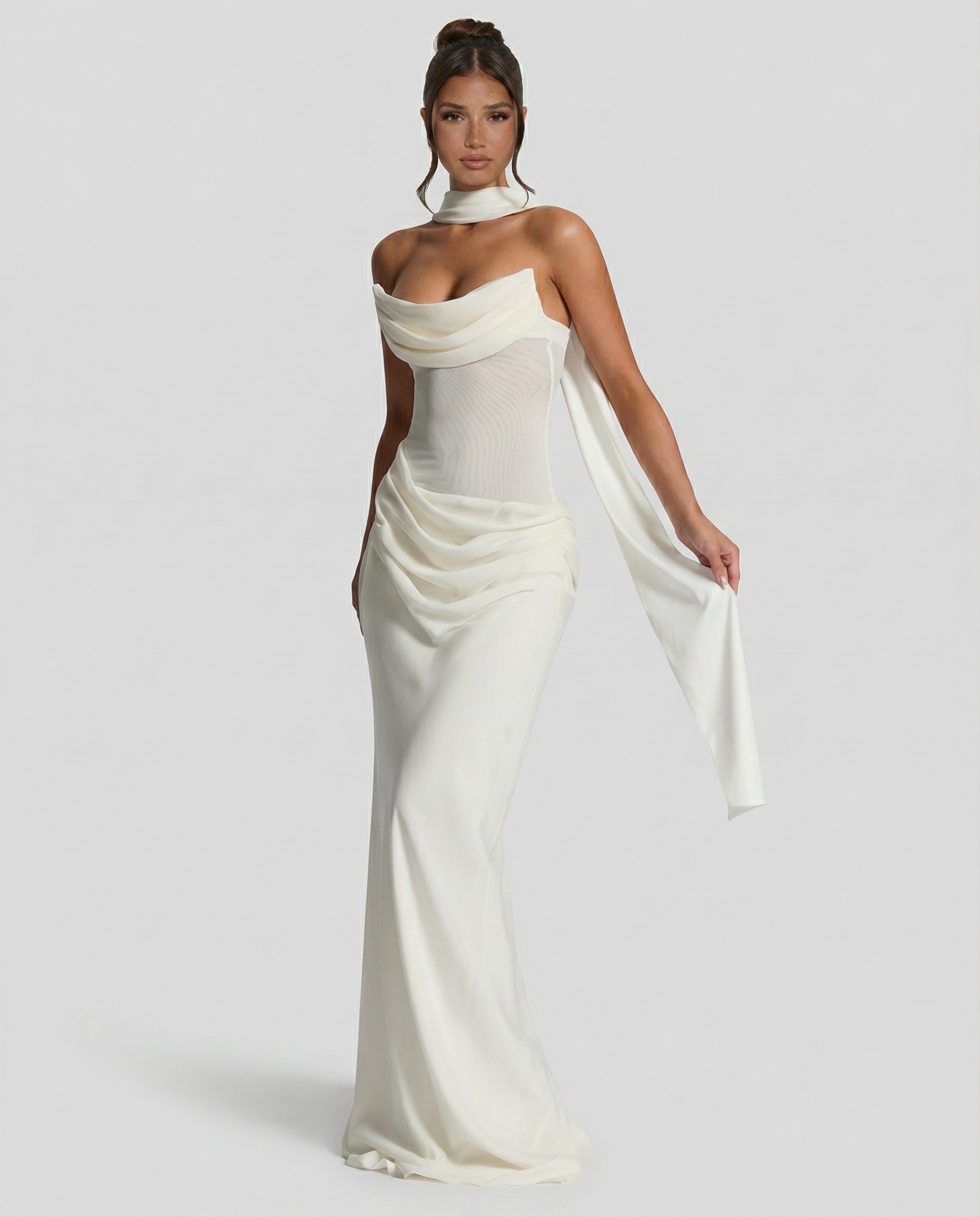 Akemi | Women's Fitted Strapless Choker Scarf Maxi Dress
