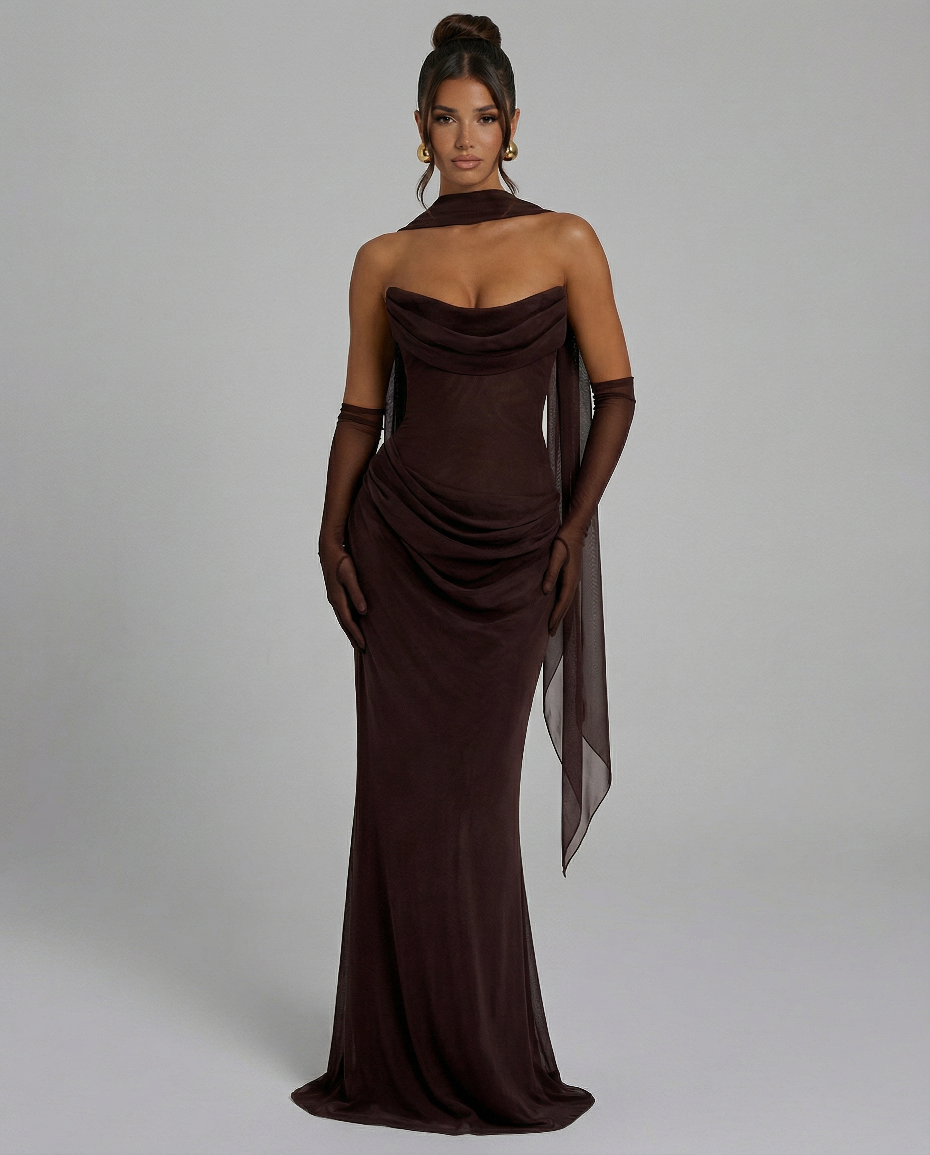 Akemi | Women's Fitted Strapless Choker Scarf Maxi Dress
