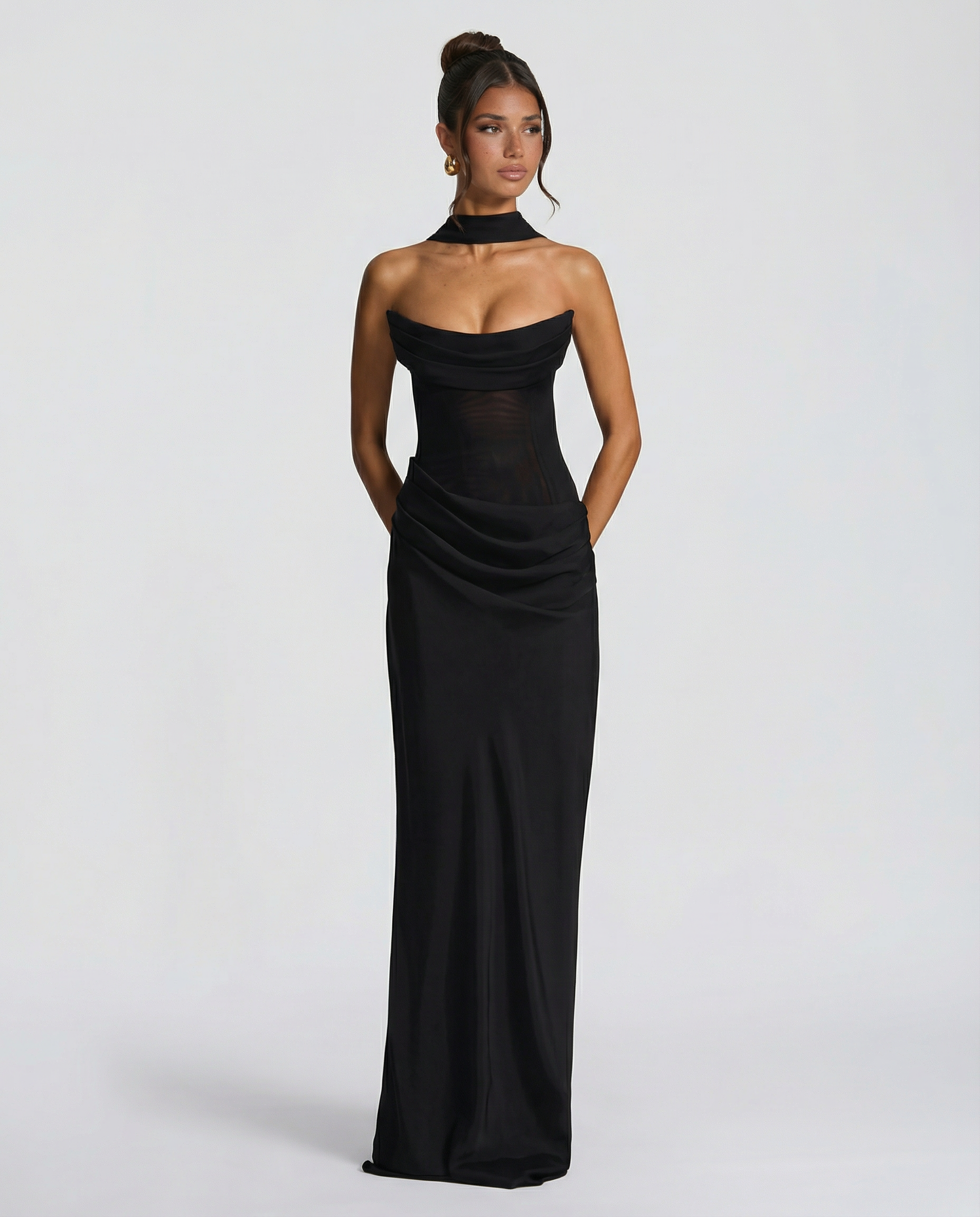 Akemi | Women's Fitted Strapless Choker Scarf Maxi Dress