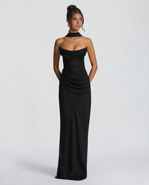 Akemi | Women's Fitted Strapless Choker Scarf Maxi Dress