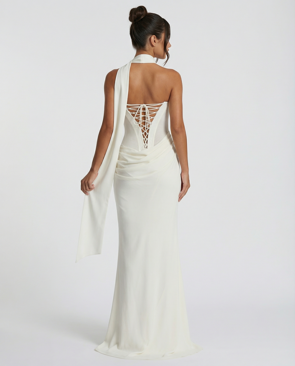 Akemi | Women's Fitted Strapless Choker Scarf Maxi Dress