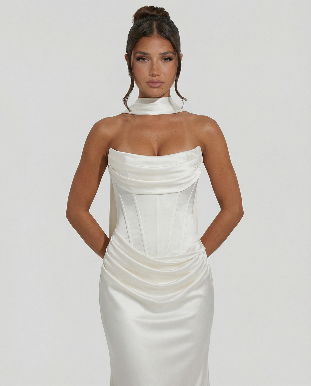 Akemi | Women's Fitted Strapless Choker Scarf Maxi Dress