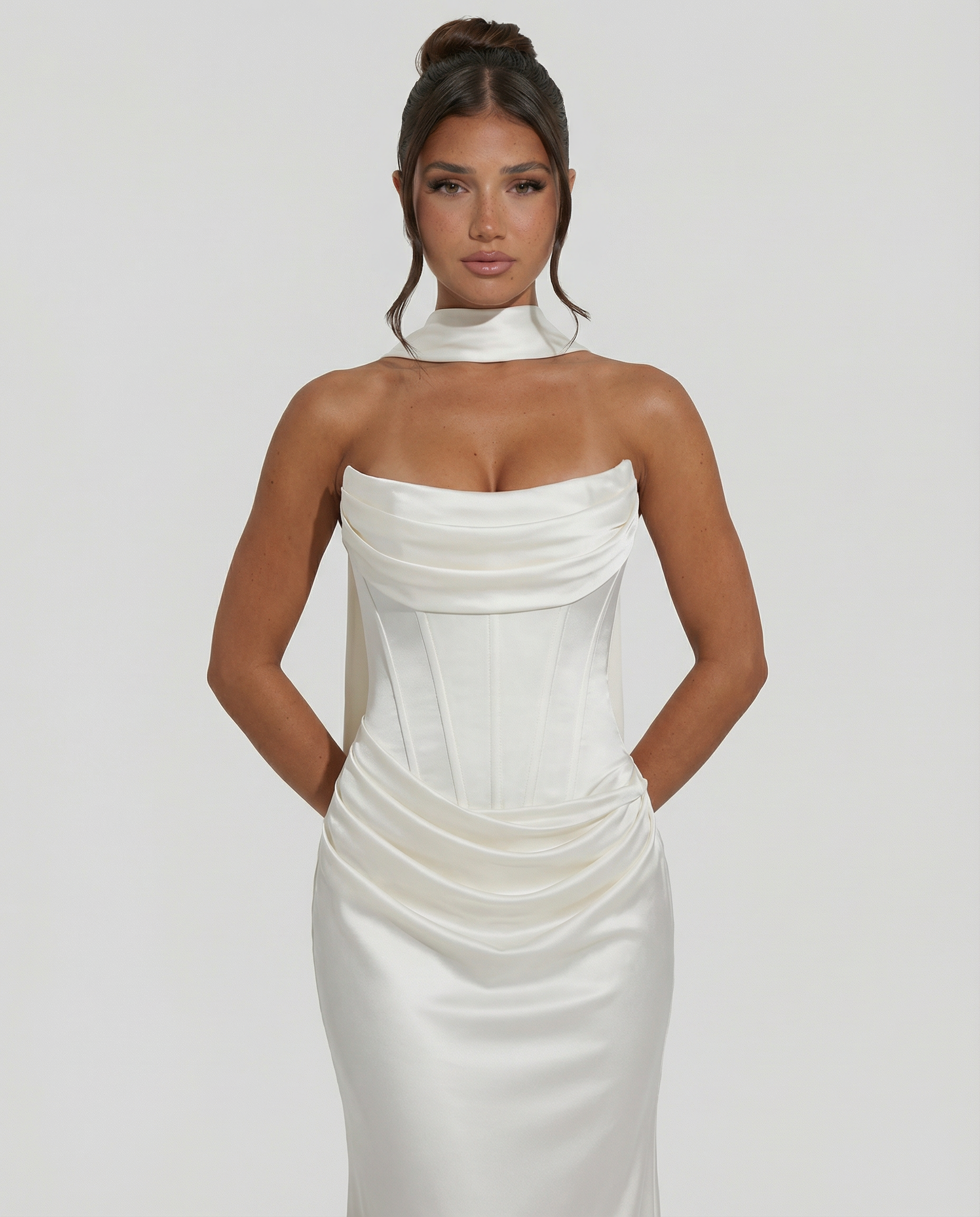 Akemi | Women's Fitted Strapless Choker Scarf Maxi Dress