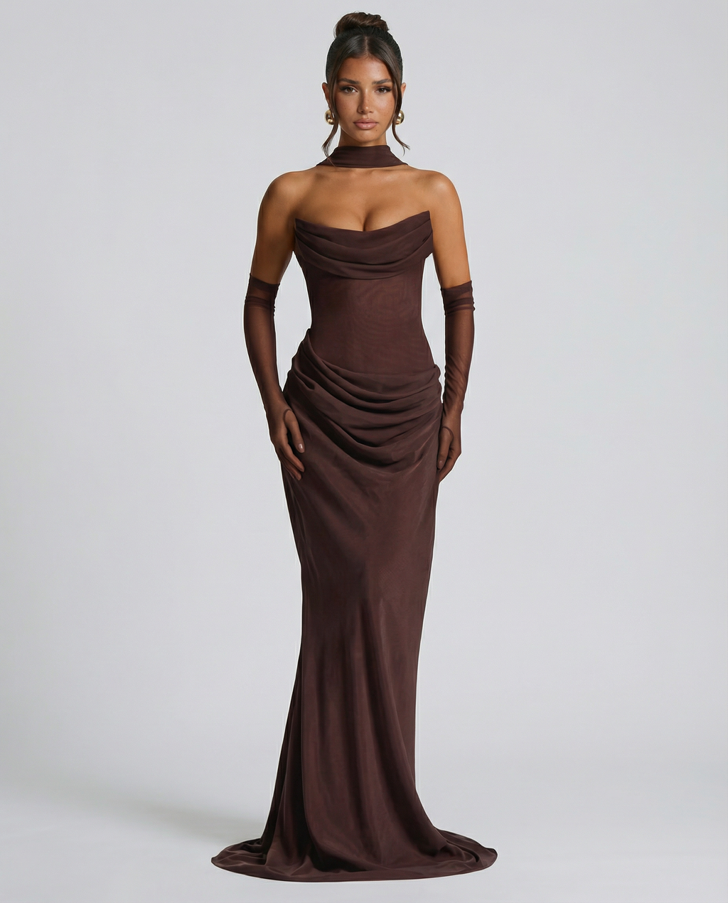 Akemi | Women's Fitted Strapless Choker Scarf Maxi Dress