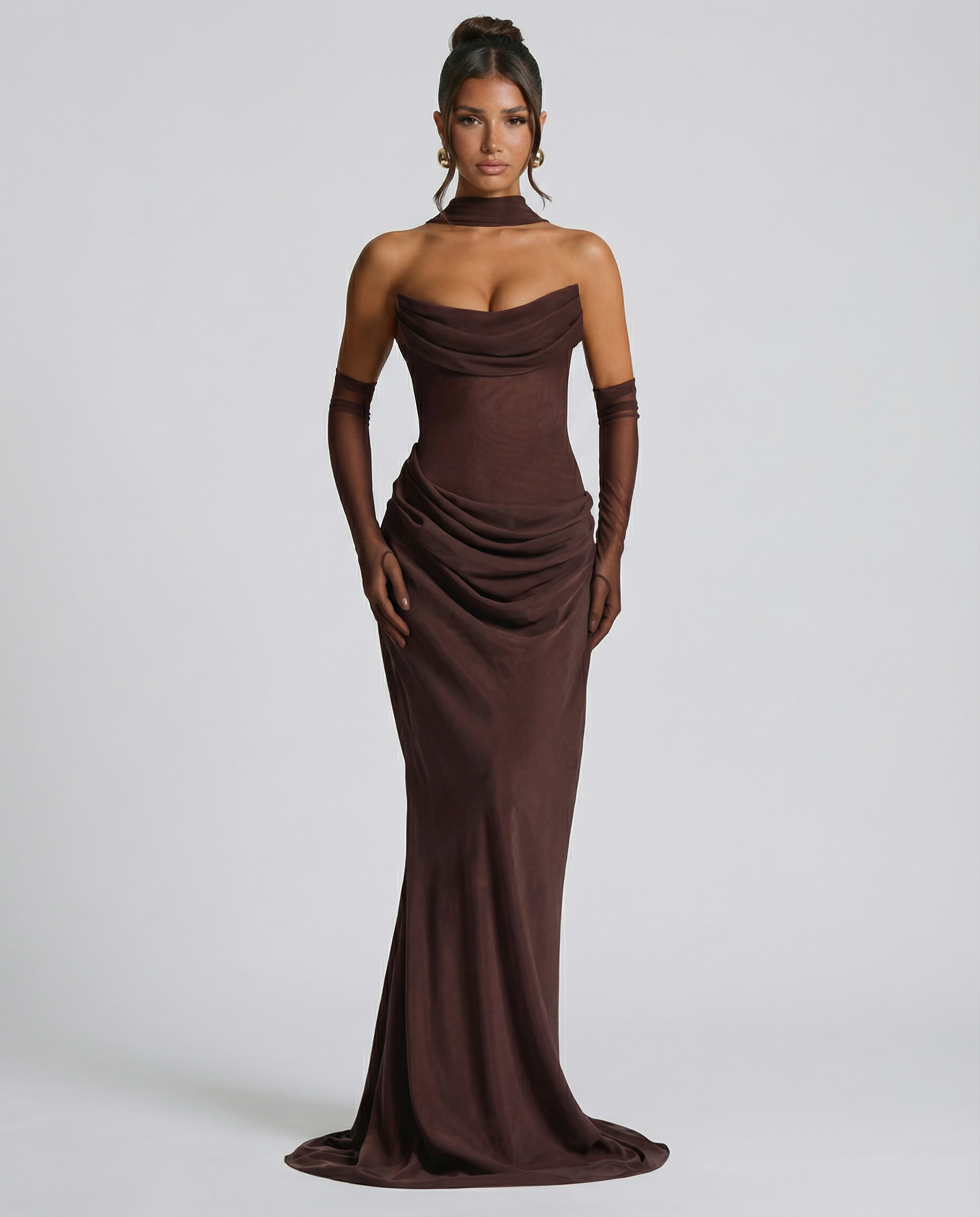Akemi | Women's Fitted Strapless Choker Scarf Maxi Dress